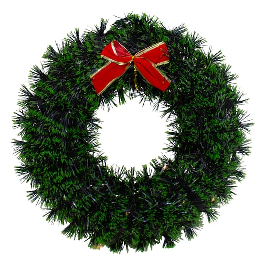 17&#x22; Pre-Lit LED Green Tinsel Artificial Wreath With Bow